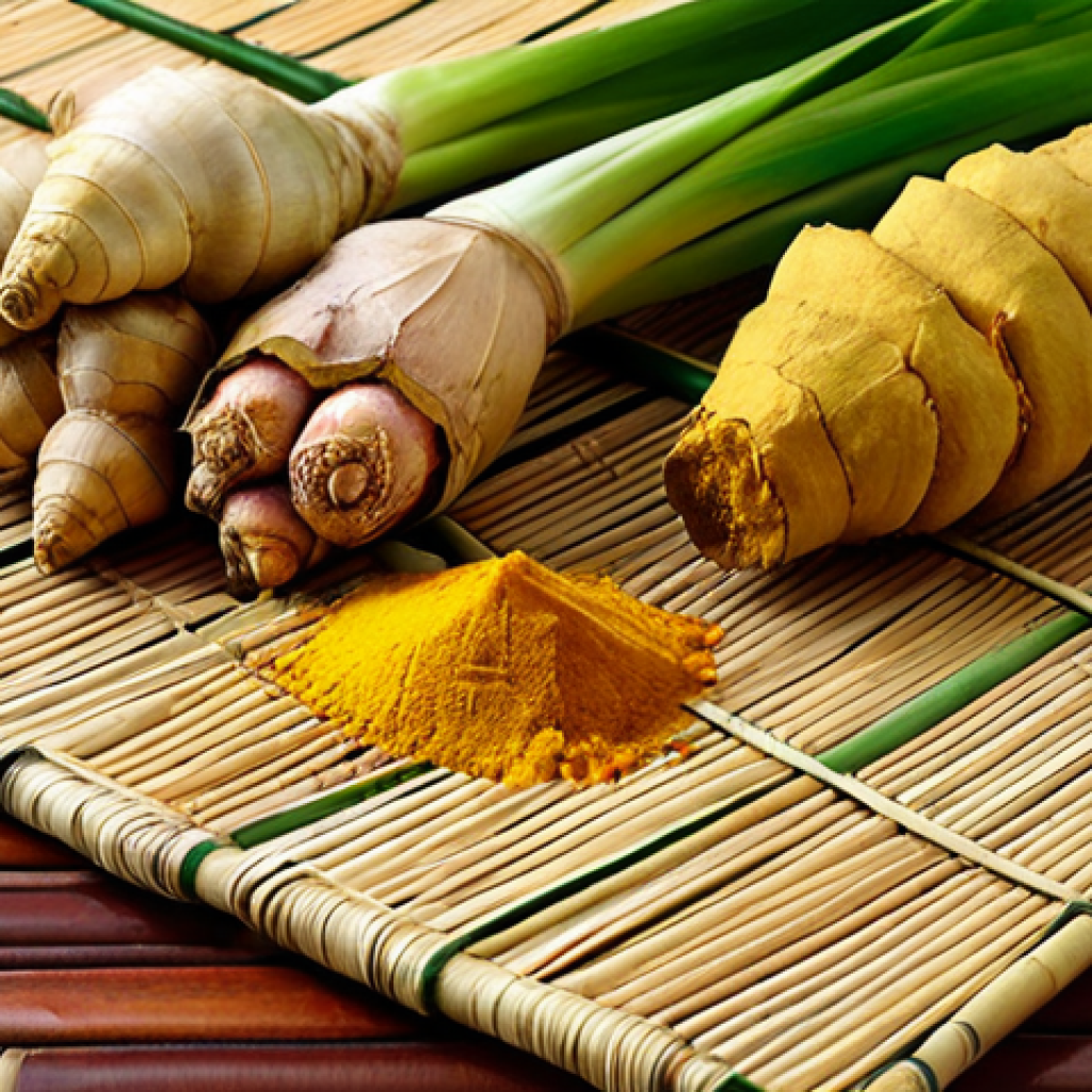 **Traditional Thai Herbal Remedy:** A serene image showcasing a collection of vibrant Thai herbs (ginger, lemongrass, turmeric, galangal) arranged artfully on a bamboo mat. Focus on the natural textures and colors.