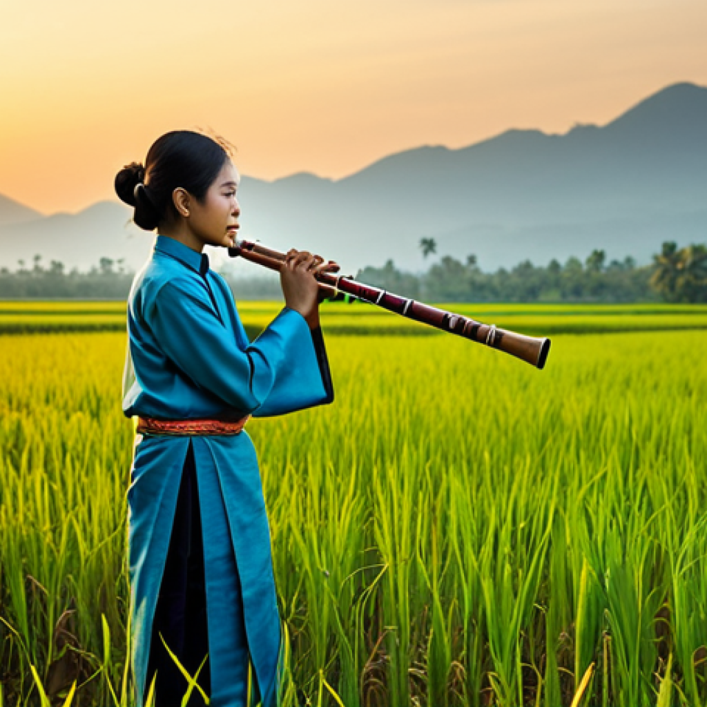 **

"A Thai musician playing the Khlui flute in a serene rice field at sunset, fully clothed in traditional attire, safe for work, appropriate content, perfect anatomy, natural proportions, professional, modest, family-friendly, golden hour lighting, high detail."

**