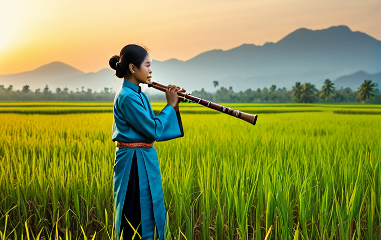 **

"A Thai musician playing the Khlui flute in a serene rice field at sunset, fully clothed in traditional attire, safe for work, appropriate content, perfect anatomy, natural proportions, professional, modest, family-friendly, golden hour lighting, high detail."

**