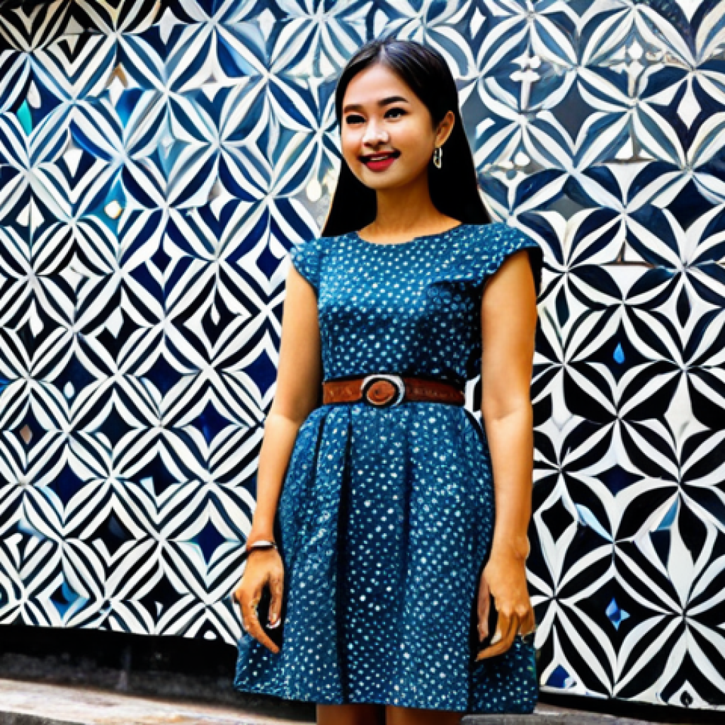 **
"A young Thai woman, fully clothed in a stylish, upcycled outfit made from traditional batik fabric, safe for work, appropriate content, posing confidently against a vibrant Bangkok street art mural, professional photography, perfect anatomy, natural proportions, well-formed hands, modest clothing, family-friendly, high quality."
**