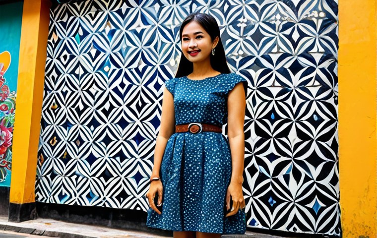 **

"A young Thai woman, fully clothed in a stylish, upcycled outfit made from traditional batik fabric, safe for work, appropriate content, posing confidently against a vibrant Bangkok street art mural, professional photography, perfect anatomy, natural proportions, well-formed hands, modest clothing, family-friendly, high quality."

**