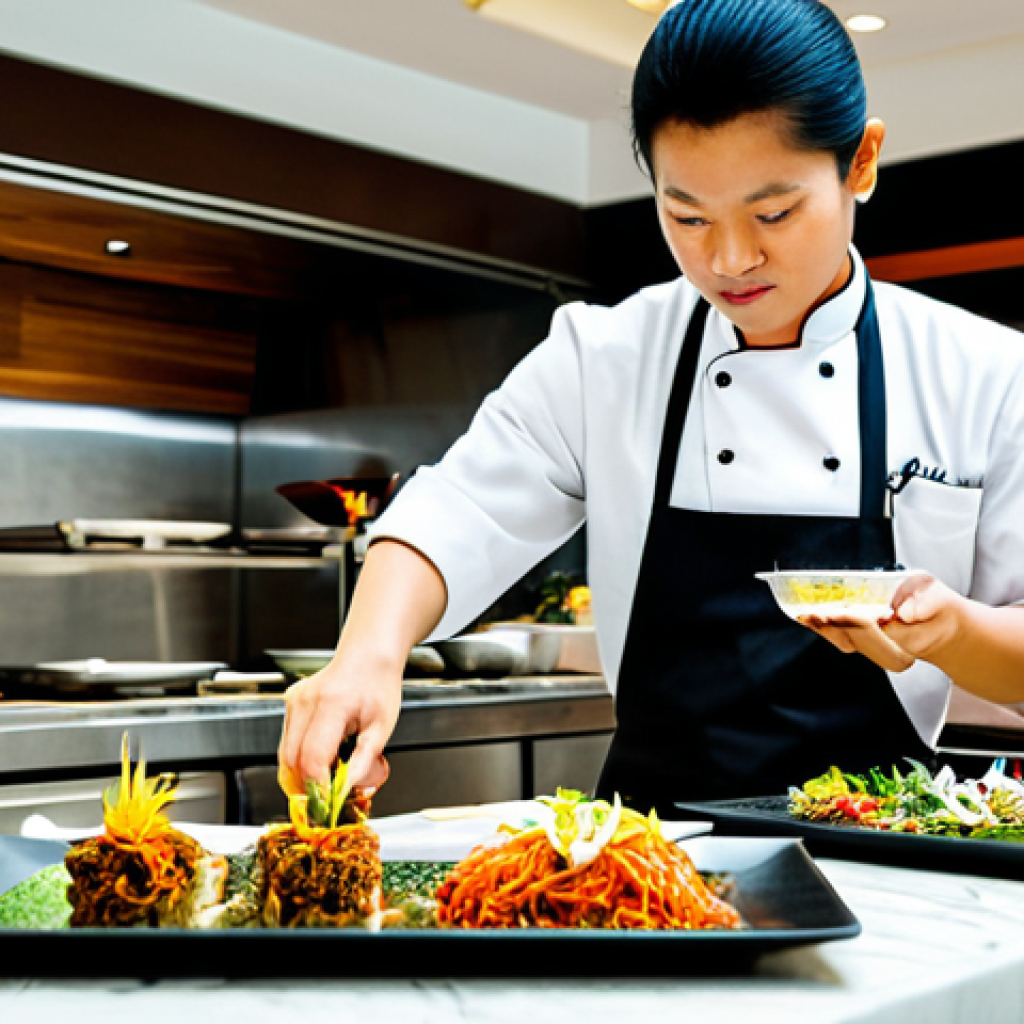 태국의 미래 식품 트렌드 - Fusion Cuisine**
"A brightly lit, modern restaurant interior in Bangkok. Chefs are preparing a vibr...