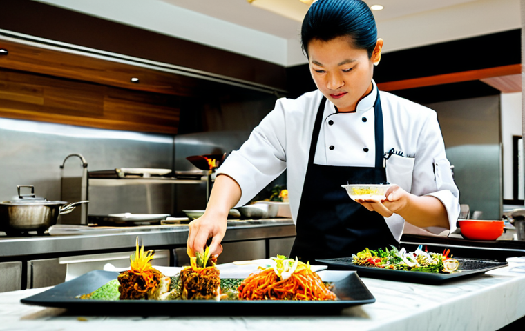 태국의 미래 식품 트렌드 - Fusion Cuisine**

"A brightly lit, modern restaurant interior in Bangkok. Chefs are preparing a vibr...