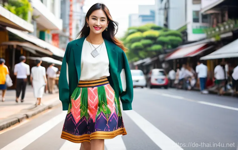 태국에서 주목받는 디자이너 - **Prompt: Traditional Silk Meets Modern Streetwear in Bangkok**
    "A stylish young woman, early 20...