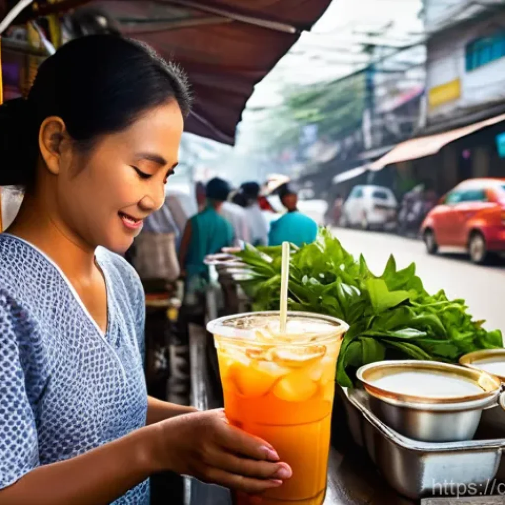 태국의 전통 음료 제조 - **Prompt 1: Bustling Bangkok Street - Thai Iced Tea Vendor**
    A highly detailed, realistic photog...