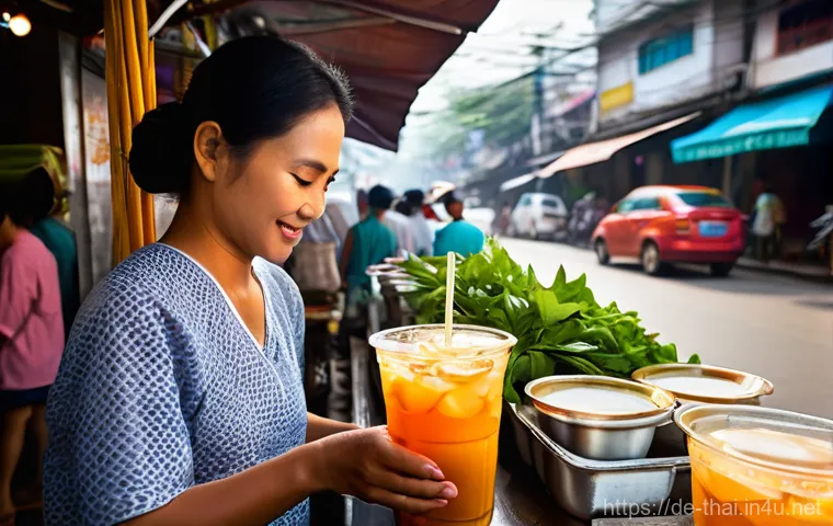태국의 전통 음료 제조 - **Prompt 1: Bustling Bangkok Street - Thai Iced Tea Vendor**
    A highly detailed, realistic photog...