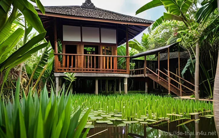태국의 전통 주택 구조 - A serene and picturesque traditional Thai stilt house, crafted from dark, aged teak wood, stands maj...