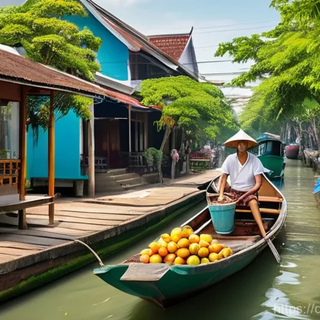 방콕 여행 루트 - A serene scene capturing the traditional daily life along the "khlongs" (canals) of Thonburi, Bangko...