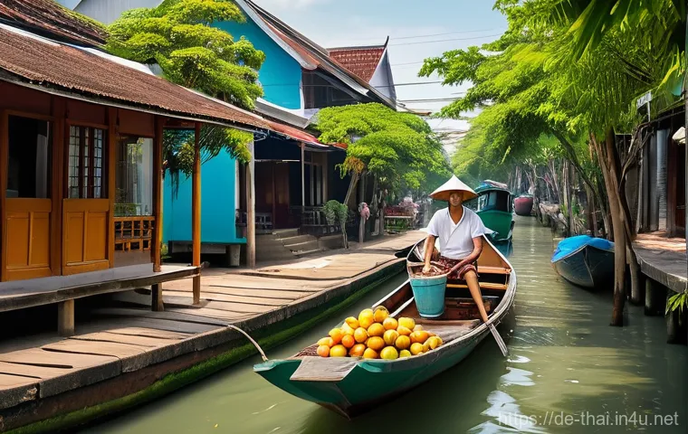 방콕 여행 루트 - A serene scene capturing the traditional daily life along the "khlongs" (canals) of Thonburi, Bangko...