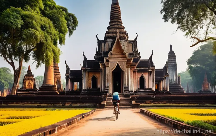 태국의 유네스코 세계유산 - **Sukhothai's Timeless Serenity with a Cycling Explorer:**
    "A vibrant, wide-angle shot of the Su...