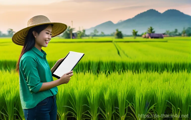 태국의 농업 및 기술 결합 - **Prompt 1: "Digital Harvest in Thai Rice Paddies"**
A vibrant, wide-angle shot of a young Thai ...