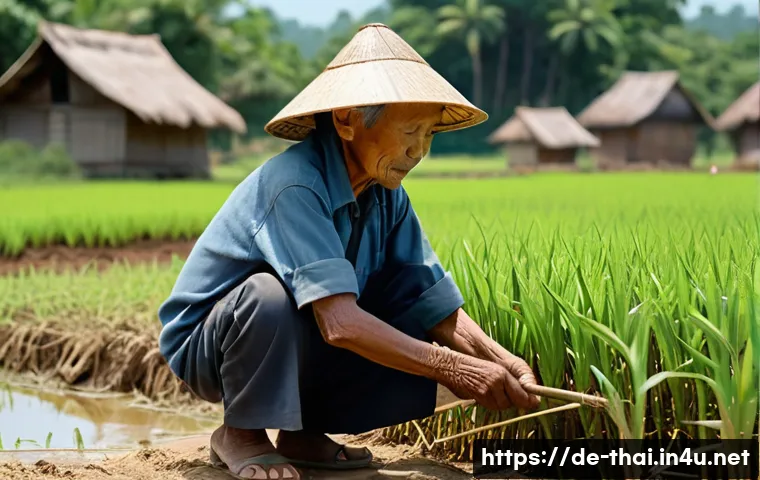 태국의 빈곤율 현황 - **Prompt 1: Rural Life and Resilience in Isaan**
"An elderly Thai farmer, with weathered hands, ...