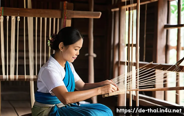 태국의 공예품 산업 - A traditional Thai silk weaving workshop in Northern Thailand, featuring skilled artisans, including...