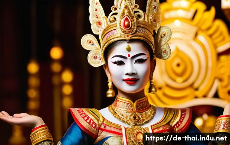 태국 전통 춤 종류 - A graceful Thai classical dancer performing a Khon mask dance, wearing a richly decorated traditiona...