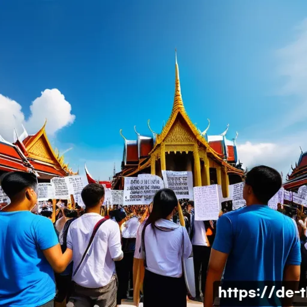 태국의 최신 뉴스 분석 - A vibrant scene depicting young Thai activists peacefully demonstrating in a city square, holding ba...