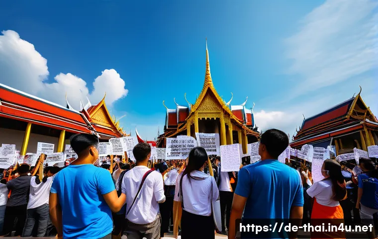 태국의 최신 뉴스 분석 - A vibrant scene depicting young Thai activists peacefully demonstrating in a city square, holding ba...