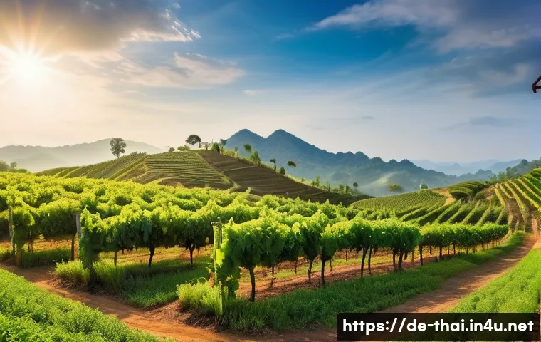 태국의 와인 문화 - A scenic vineyard in northern Thailand&rsquo;s highlands near Chiang Rai, featuring rows of Shiraz and Che...