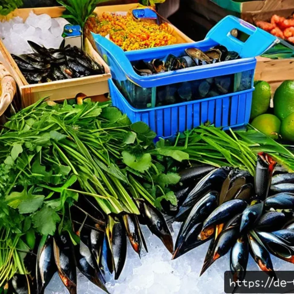 태국의 유명한 해산물 요리 - A vibrant Thai seafood market scene in Germany featuring fresh, glistening shrimp, mussels, and whit...