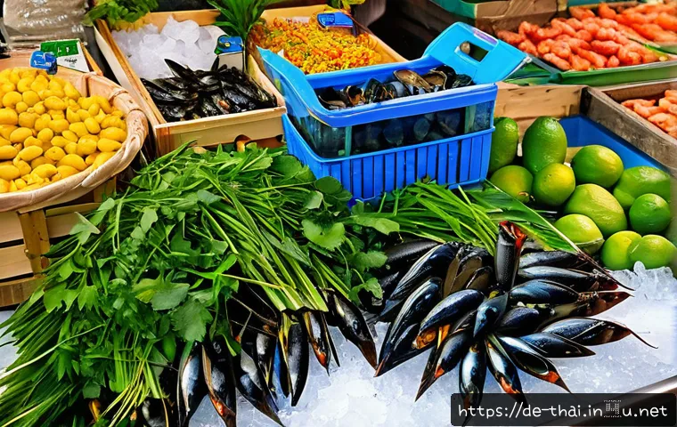 태국의 유명한 해산물 요리 - A vibrant Thai seafood market scene in Germany featuring fresh, glistening shrimp, mussels, and whit...