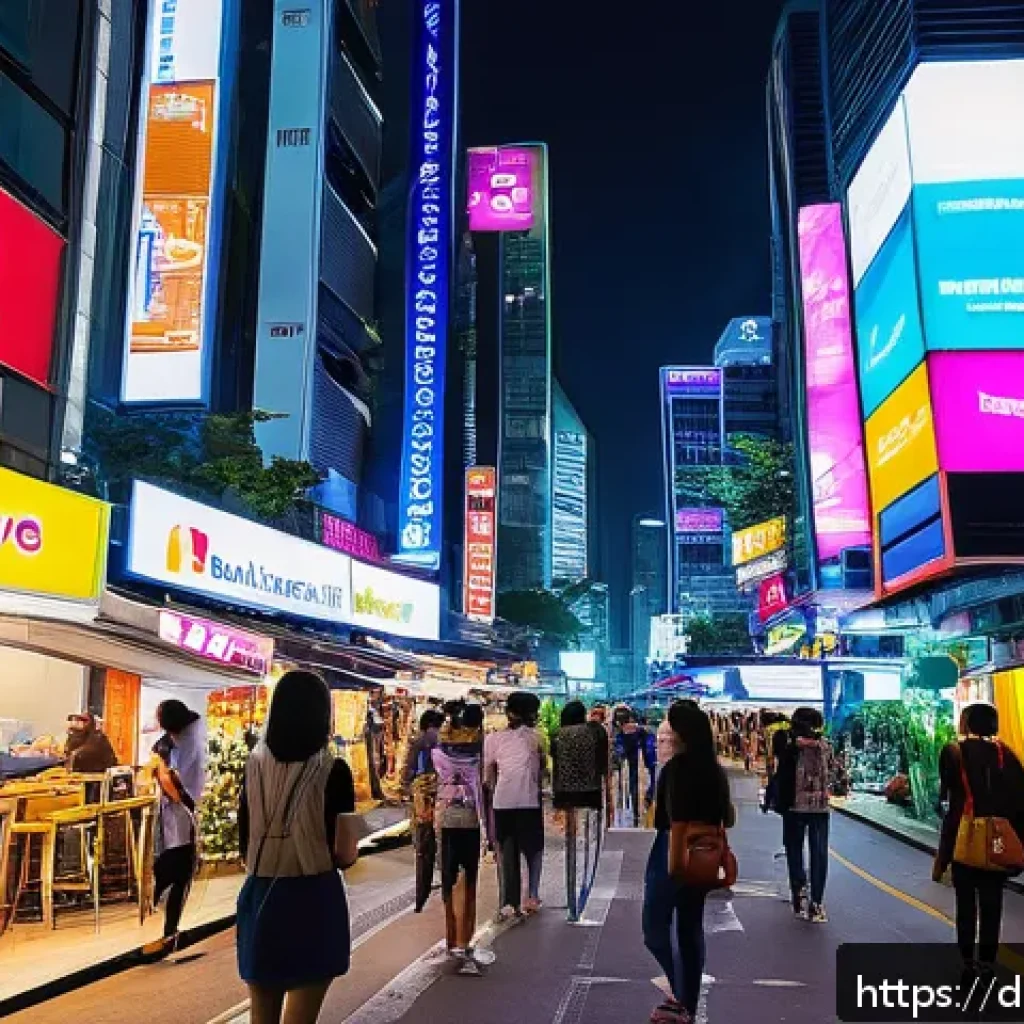 태국의 주요 통신 네트워크 - A vibrant urban street scene in Bangkok featuring young adults using their smartphones with visible ...