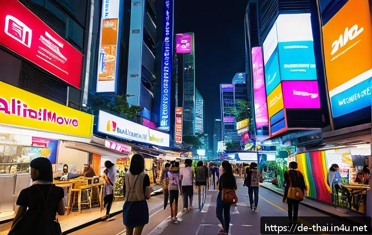 태국의 주요 통신 네트워크 - A vibrant urban street scene in Bangkok featuring young adults using their smartphones with visible ...