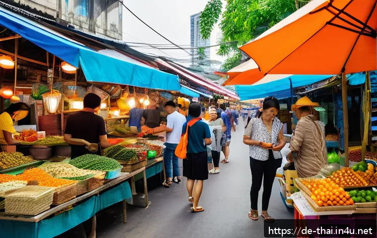 태국에서의 모바일 결제 - A bustling Bangkok street market scene during daytime, with diverse local vendors and tourists using...