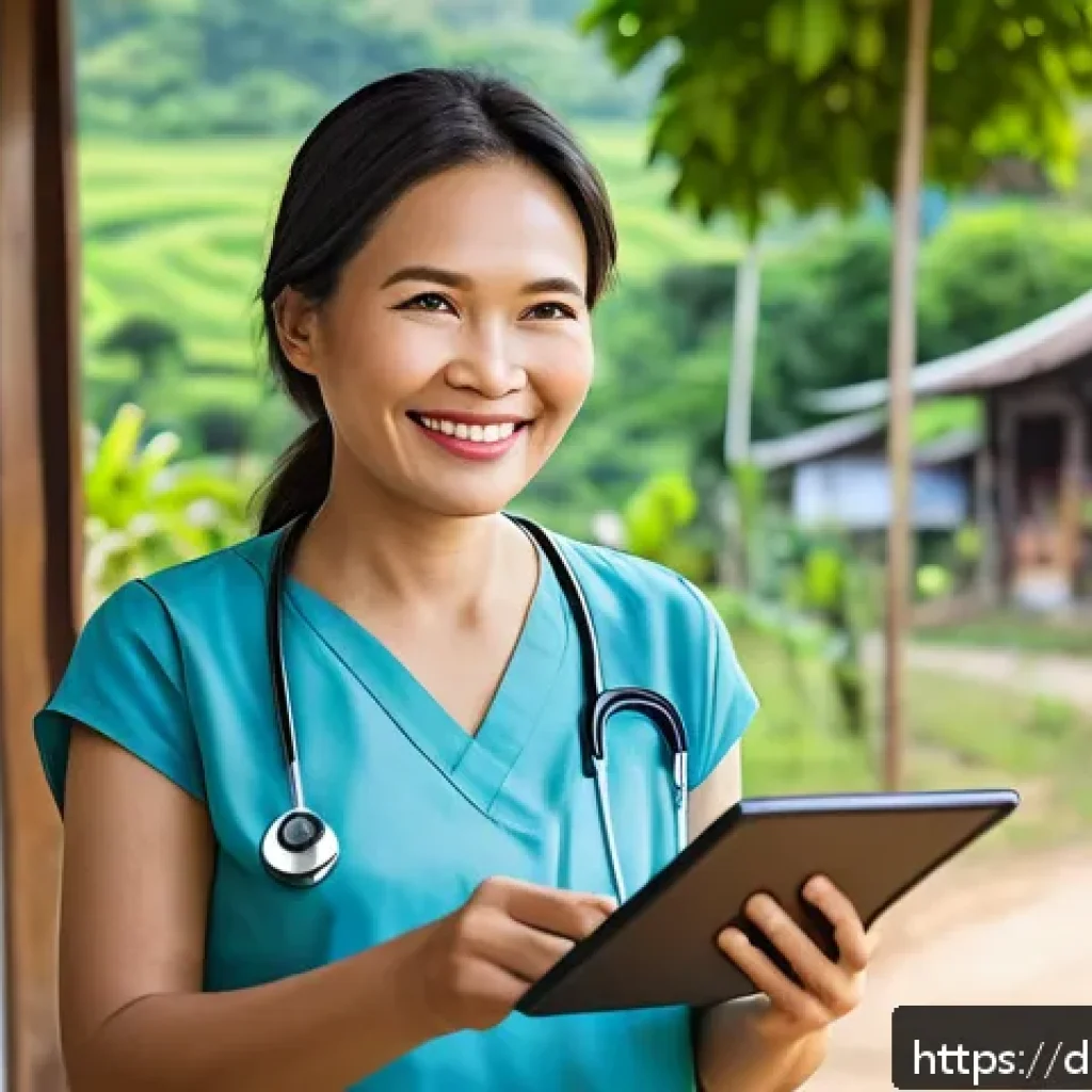 태국의 헬스케어 혁신 - A modern rural Thai healthcare scene showing a middle-aged female patient in modest casual clothing ...