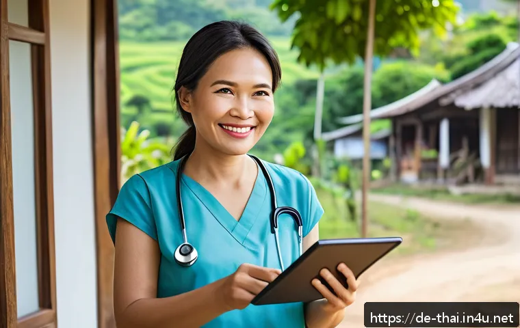 태국의 헬스케어 혁신 - A modern rural Thai healthcare scene showing a middle-aged female patient in modest casual clothing ...