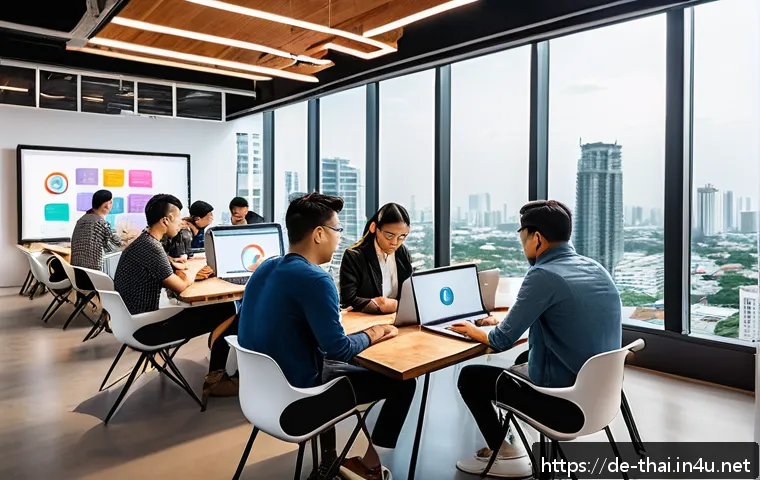 태국의 IT 및 데이터 산업 - A vibrant modern co-working space in Bangkok filled with young Thai entrepreneurs and tech startup f...