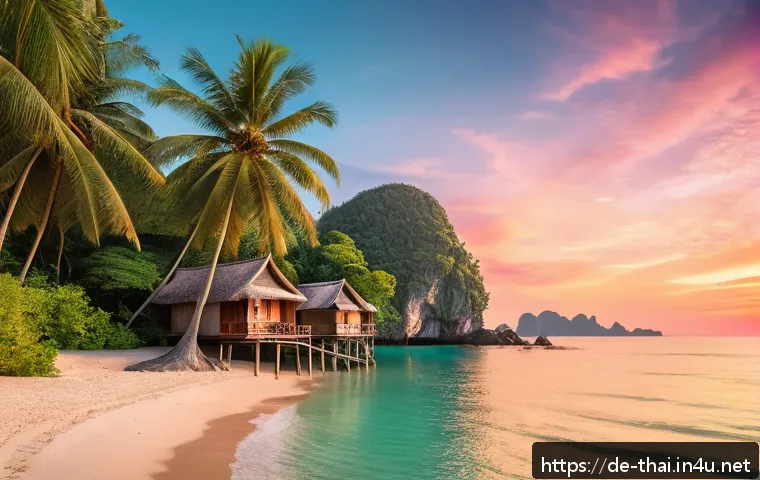 태국 내 신혼여행지 - A serene, secluded tropical beach in Thailand during golden hour, featuring fine white sand and crys...