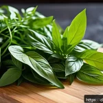 태국의 최신 요리법 - A vibrant close-up of fresh Thai herbs arranged on a rustic wooden cutting board in a modern German ...