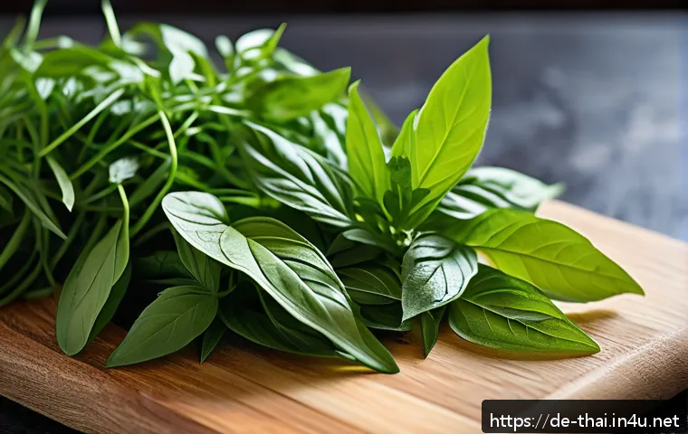 태국의 최신 요리법 - A vibrant close-up of fresh Thai herbs arranged on a rustic wooden cutting board in a modern German ...