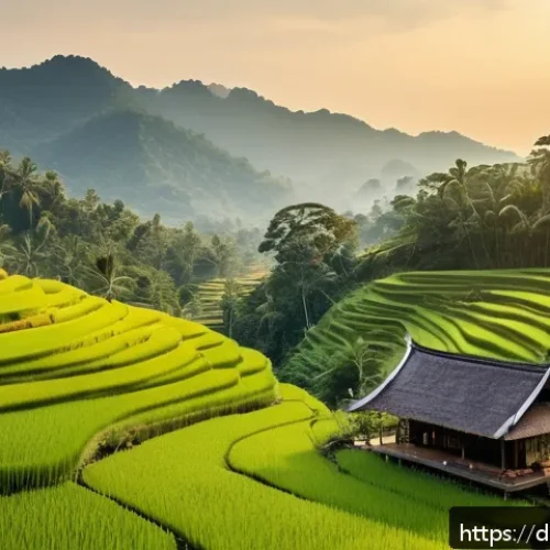 태국 관광 산업 전망 - A serene rural village in northern Thailand showcasing sustainable eco-tourism: traditional wooden h...