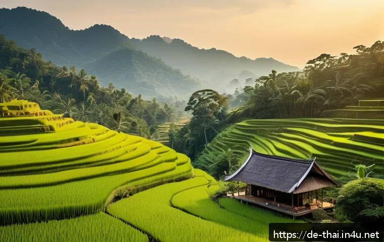태국 관광 산업 전망 - A serene rural village in northern Thailand showcasing sustainable eco-tourism: traditional wooden h...