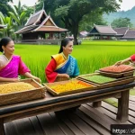 태국의 종교적 의례 - A vibrant traditional Thai village festival scene during a spiritual ceremony, featuring multigenera...