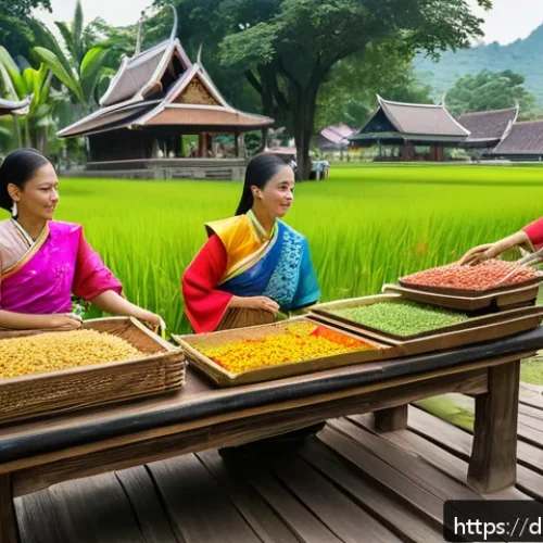 태국의 종교적 의례 - A vibrant traditional Thai village festival scene during a spiritual ceremony, featuring multigenera...