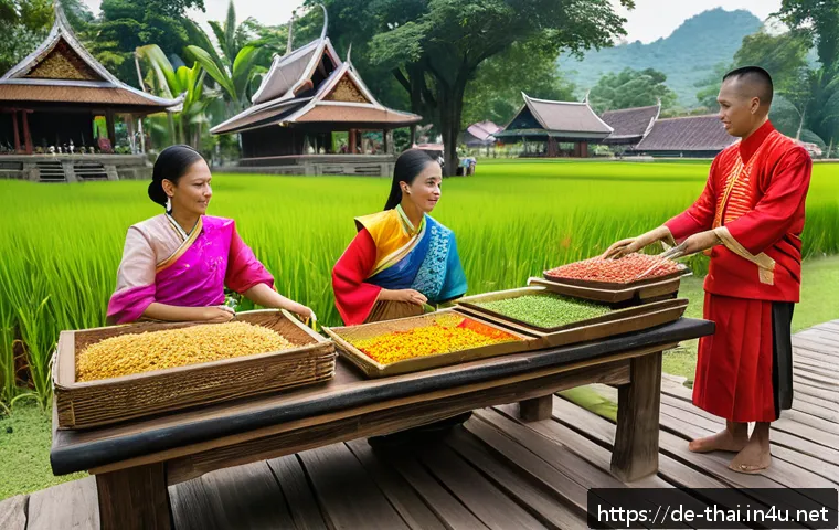 태국의 종교적 의례 - A vibrant traditional Thai village festival scene during a spiritual ceremony, featuring multigenera...