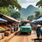 태국의 국제적 사건 - A detailed scene depicting a bustling Thai border market near Myanmar, showing local farmers and tra...