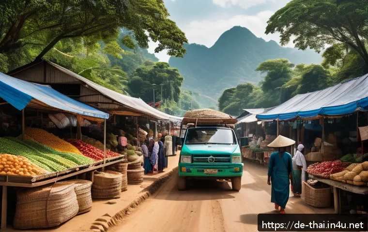 태국의 국제적 사건 - A detailed scene depicting a bustling Thai border market near Myanmar, showing local farmers and tra...