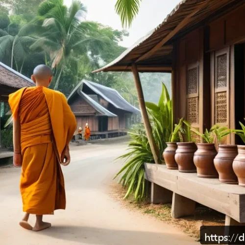 태국의 민속 문화 연구 - A serene early morning scene in a traditional Thai village depicting monks walking barefoot in saffr...