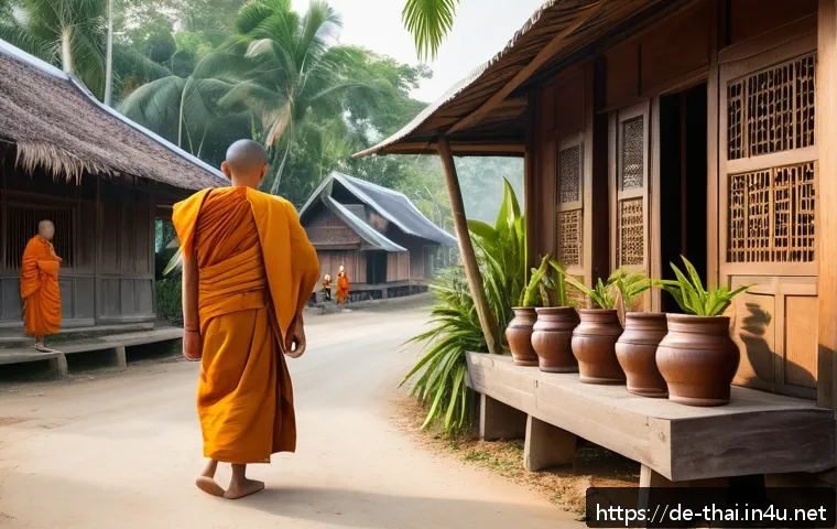 태국의 민속 문화 연구 - A serene early morning scene in a traditional Thai village depicting monks walking barefoot in saffr...
