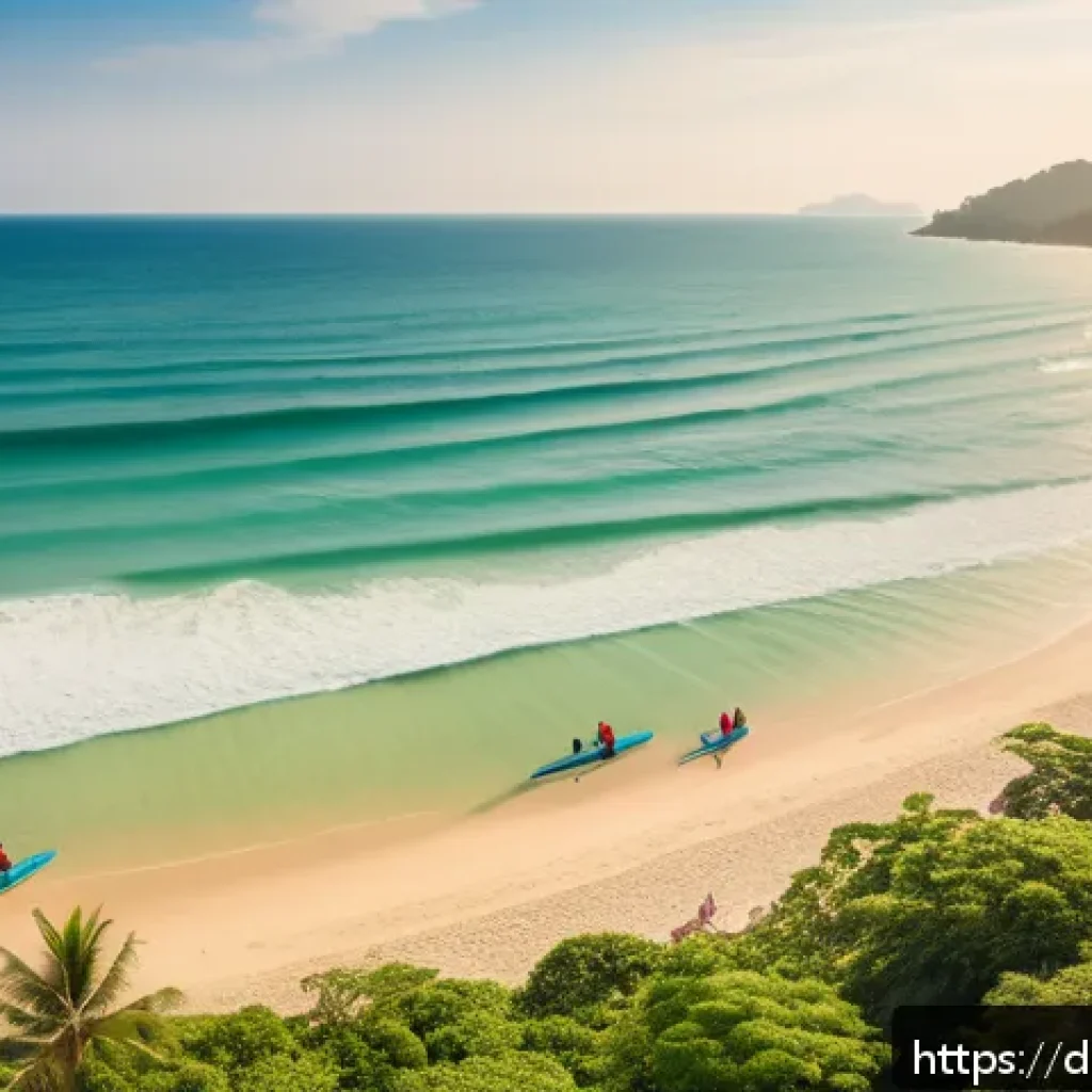 태국 해변에서의 서핑 - A serene beach scene at Kata Beach, Phuket, during a sunny day with gentle, evenly spaced waves idea...