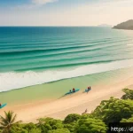 태국 해변에서의 서핑 - A serene beach scene at Kata Beach, Phuket, during a sunny day with gentle, evenly spaced waves idea...