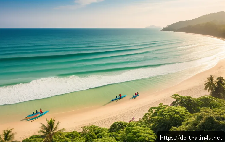 태국 해변에서의 서핑 - A serene beach scene at Kata Beach, Phuket, during a sunny day with gentle, evenly spaced waves idea...