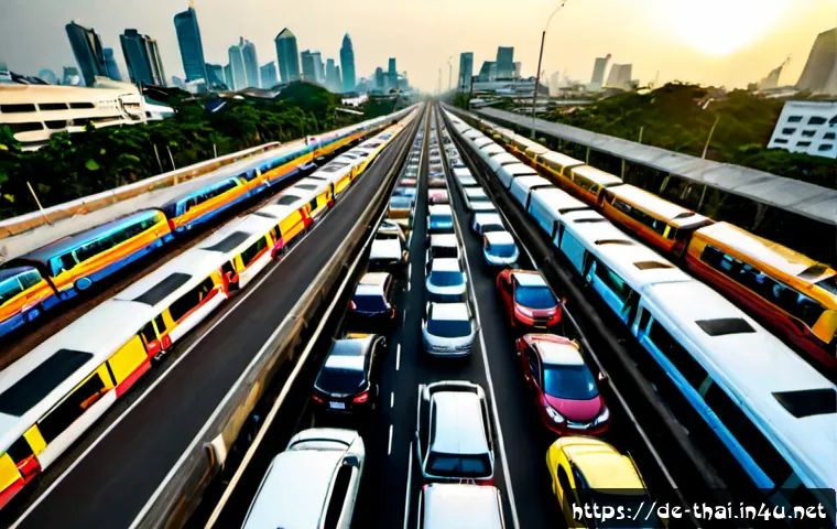 태국의 교통 체증 - Photorealistic wide-angle view of Bangkok rush-hour traffic from an elevated pedestrian viewpoint, d...