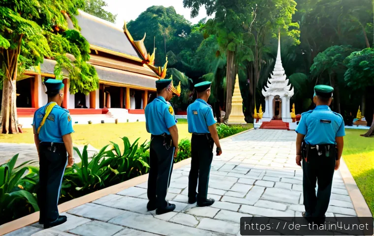 태국의 관광지 관리 - Photorealistic morning scene at a well-managed Thai temple attraction, Thai park rangers in neat uni...