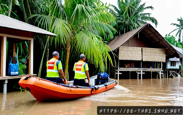 태국의 자연 재해와 대응 - Photorealistic flood response in rural Thailand during monsoon season, Thai emergency workers in bri...