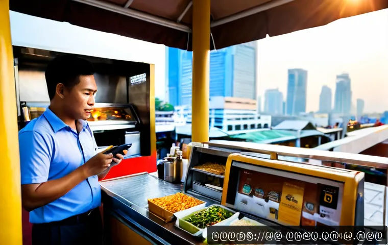 태국의 디지털 변혁 - Photorealistic modern Bangkok city scene at sunrise, a Thai entrepreneur using a contactless smartph...