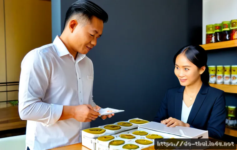 Home 30 태국의 글로벌 브랜드 성장 - Photorealistic modern business scene in Bangkok, confident Thai entrepreneur presenting premium unbr...