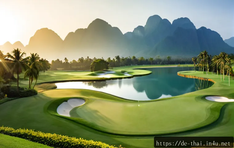태국의 유명 골프장 - Photorealistic panoramic view of a prestigious tropical golf course in Thailand at sunrise, immacula...